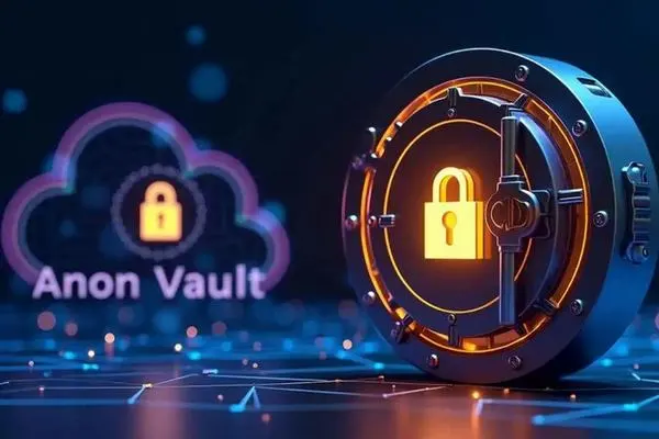 A futuristic digital vault with a glowing padlock, symbolizing high-security encrypted storage. In the background, a neon cloud with the text 'Anon Vault'