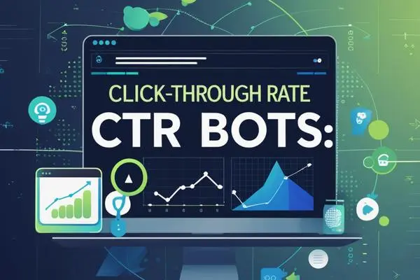 Alt text: "A digital illustration of a laptop displaying 'CLICK-THROUGH RATE CTR BOTS:' with graphs and charts, emphasizing the keyword 'CTR Bot SearchSEO' in a green and blue color scheme.