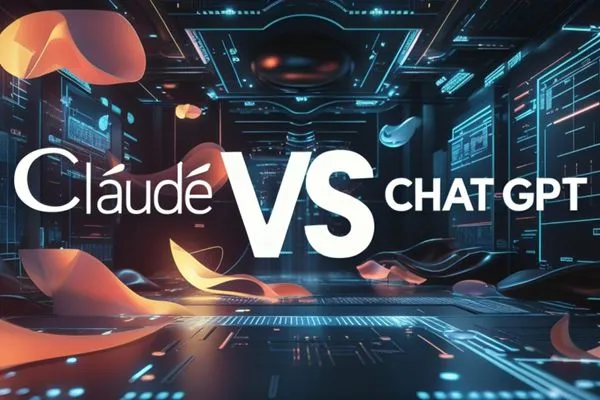 Digital art image with the text Claude AI vs ChatGPT in a bold, stylized font against a dark, neon-lit backdrop with abstract, swirling shapes and futuristic circuitry designs.