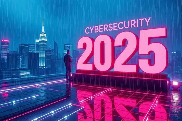 A futuristic city skyline at night with a figure standing in front of large, illuminated text reading "CYBERSECURITY In 2025." The scene is set in a rainy atmosphere, with vibrant blue and pink colors reflecting off the ground.