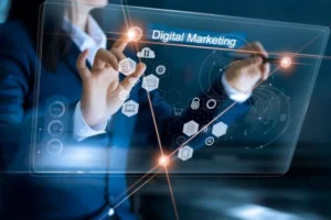 A business professional interacting with a futuristic digital interface displaying various icons and data related to digital marketing Strategies.