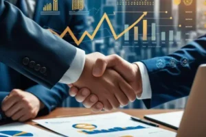 Two business professionals shaking hands over financial documents, with graphs and data analytics in the background, symbolizing collaboration in inter-corporate deposits.