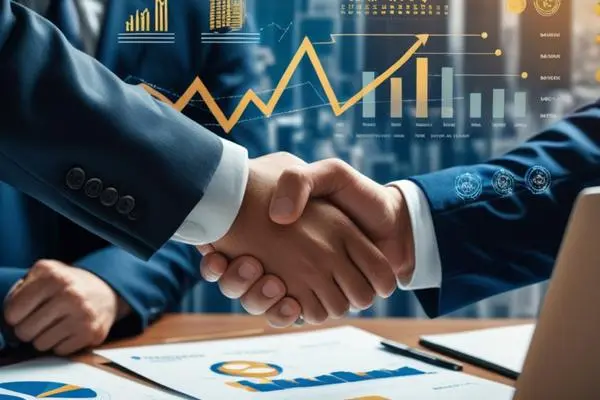 Two business professionals shaking hands over financial documents, with graphs and data analytics in the background, symbolizing collaboration in inter-corporate deposits.
