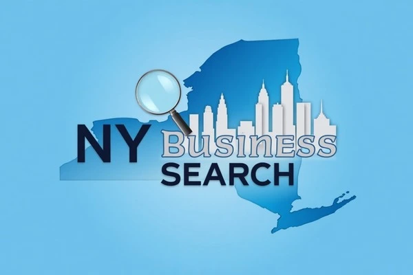 NY Business Search - Magnifying glass icon with New York skyline, symbolizing business verification and research.