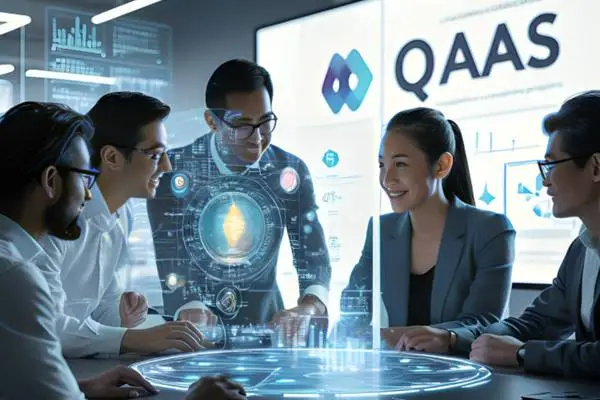 A diverse group of professionals engaged in a collaborative meeting, analyzing holographic data related to Quantum-as-a-Service (QaaS). The scene features a futuristic interface with digital elements and the QaaS logo prominently displayed in the background.