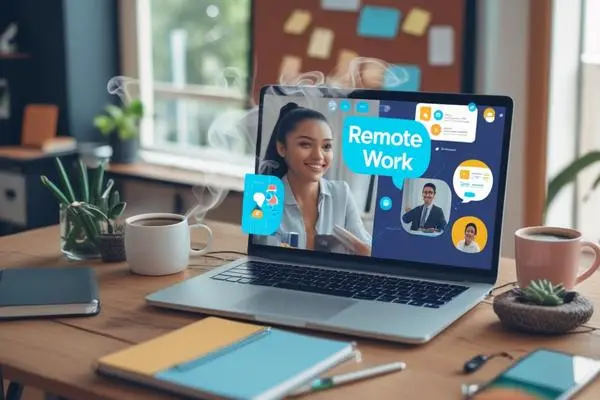 A young woman engaged in a virtual meeting on her laptop, showcasing the concept of remote work. The screen displays the phrase 'Remote Work' along with images of colleagues. The cozy home office features plants, coffee mugs, and notebooks, creating an inviting workspace atmosphere.