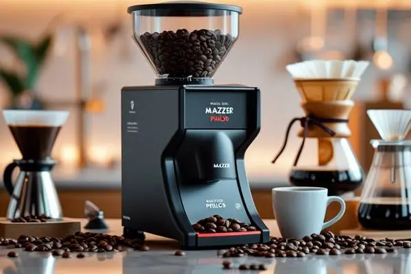 A Mazzer Philos coffee grinder with a clear hopper filled with coffee beans, positioned on a countertop surrounded by brewing equipment, including a pour-over setup and a cup of coffee. The scene is warmly lit, showcasing the grinder's sleek design and inviting atmosphere.