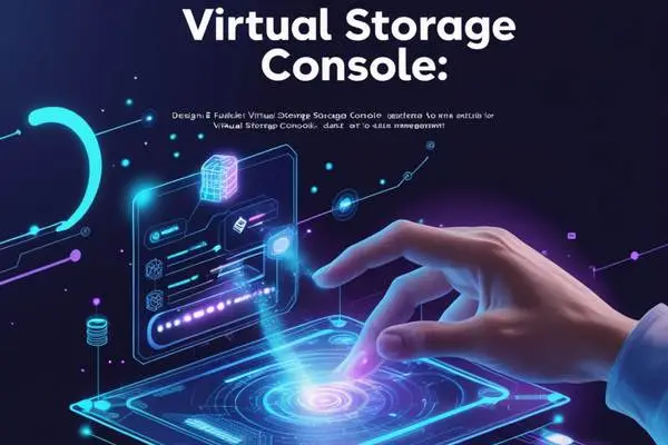 An illustration of a futuristic Virtual Storage Console interface, featuring a hand interacting with a holographic dashboard displaying storage metrics and data flow. The design includes glowing icons representing servers and cloud storage, set against a dark background.