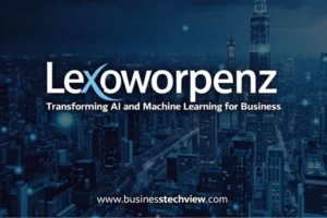 A digital banner for Lexoworpenz, showcasing the tagline "Transforming AI and Machine Learning for Business" set against a backdrop of a city skyline at night.