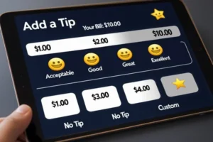 Tip Screen displaying options to add a tip, including amounts of $1.00, $2.00, $3.00, and $4.00, with emoji feedback, on a tablet.