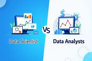 Data Scientist vs Data Analyst comparison with charts, graphs, and financial symbols, highlighting their distinct roles and responsibilities.