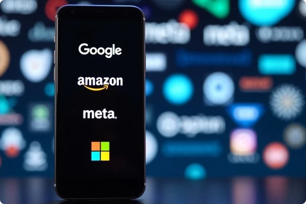 A hand holding a smartphone featuring the logos of the largest tech companies, including Google, Amazon, Meta, Apple, and Microsoft, with a blurred background of additional tech company logos.