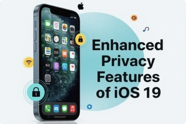 "iPhone with app icons and colorful privacy icons, featuring the text 'Enhanced Privacy Features of iOS 19' on a soft gradient background.