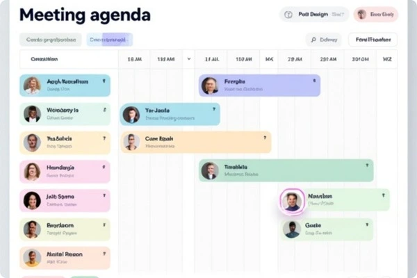 A digital meeting agenda displaying organized topics with color-coded time blocks and assigned owners' images. The layout highlights each speaker's name alongside their scheduled times, providing a clear and structured overview of the meeting.