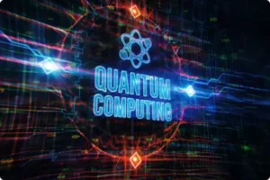 Visual representation of quantum computing, featuring the text 'Quantum Computing' surrounded by digital patterns and symbols.