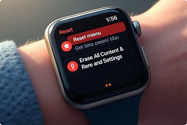 An Apple Watch showing the Reset menu, with options like "Reset menu" and "Erase All Content & Settings" highlighted in red. The watch is on a wrist with a blue sweater.