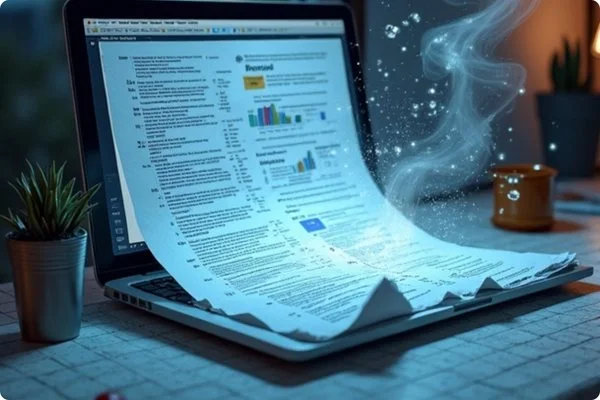A laptop displaying pages of a lengthy document that appear to be floating above the keyboard, illustrating the concept of summarizing extensive texts. The background includes a small plant and a cup, set in a softly lit environment.