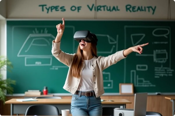 A female student wearing a virtual reality headset, pointing excitedly in a modern classroom, with a green chalkboard and the text 'Types of Virtual Reality' displayed.