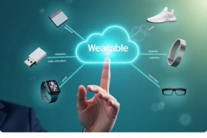 Hand taps a cloud labeled “wearable technology,” branching to icons of smartwatch, fitness band, smart shoe, USB stick, and smart glasses.