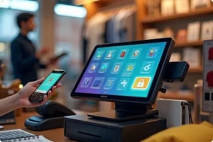 A modern Point of Sale (POS) system featuring a touchscreen display with various app icons, alongside a smartphone for mobile payments, showcasing 'What is a POS' in a vibrant retail environment.