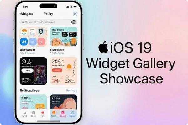 An iPhone displaying the iOS 19 widget gallery, showcasing various colorful widgets, with the title 'iOS 19 Widget Gallery Showcase' in bold text.