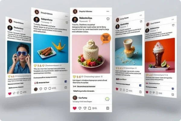  A carousel of vibrant social media posts showcasing food and lifestyle images, complete with likes and comment counts.