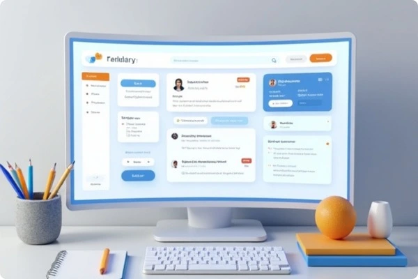 A help desk dashboard on a curved monitor showcasing user profiles, notifications, and service options in a clean layout.