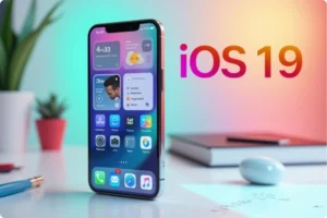iPhone displaying the iOS 19 interface with updated widgets and app layouts, set against a colorful background.