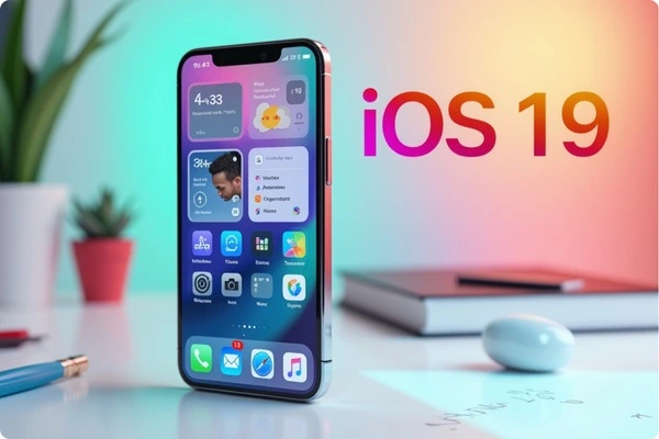 iPhone displaying the iOS 19 interface with updated widgets and app layouts, set against a colorful background.