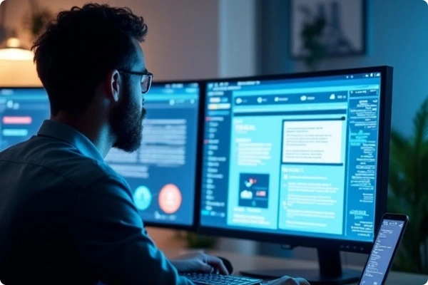 A bearded man in glasses works on dual monitors showing an email marketing interface in a well-lit, tech-friendly workspace.